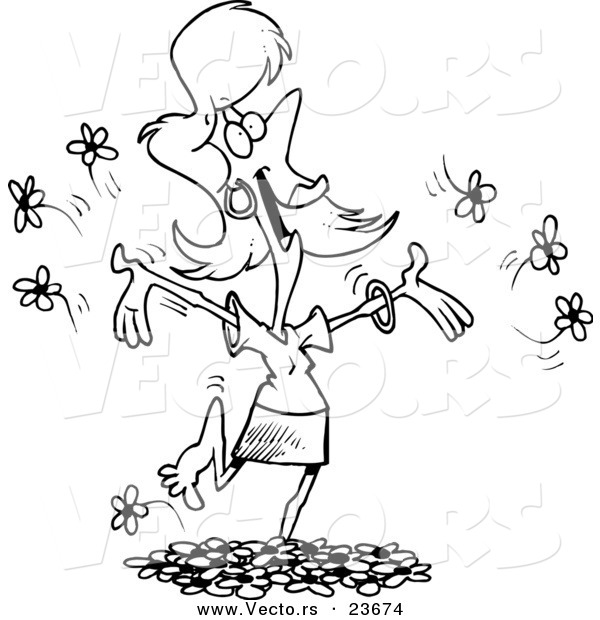 Vector of a Cartoon Woman Playing in Spring Flowers - Coloring Page Outline