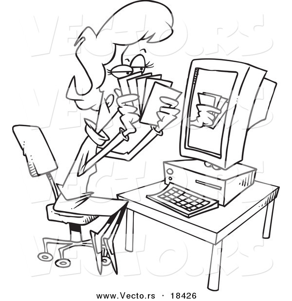 Vector of a Cartoon Woman Playing Poker Online - Outlined Coloring Page