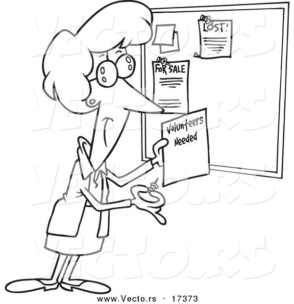 Vector of a Cartoon Woman Posting a Volunteers Needed Sign on a Bulletin Board - Coloring Page Outline