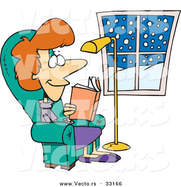 Vector of a Cartoon Woman Reading Book Inside Her Home on a Winter Day