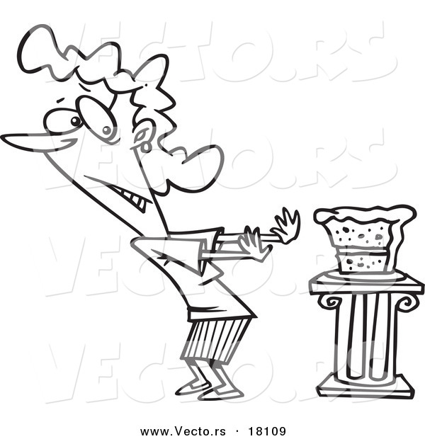Vector of a Cartoon Woman Resisting Cake - Outlined Coloring Page