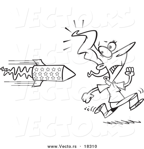 Vector of a Cartoon Woman Running from a Rocket - Outlined Coloring Page