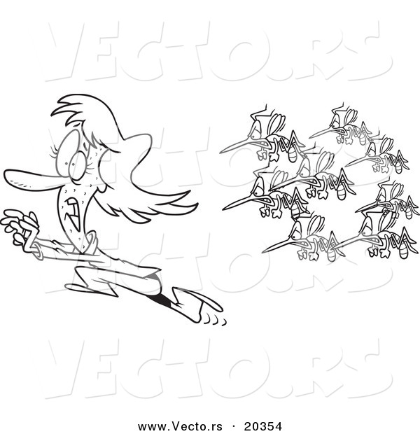 Vector of a Cartoon Woman Running from a Swarm of Mosquitoes - Coloring Page Outline