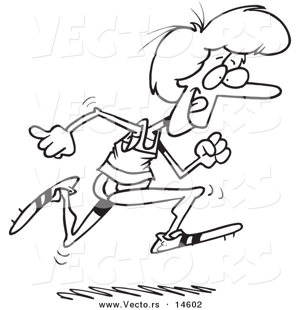 Vector of a Cartoon Woman Running Track - Coloring Page Outline