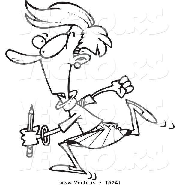 Vector of a Cartoon Woman Running with a Pencil - Coloring Page Outline