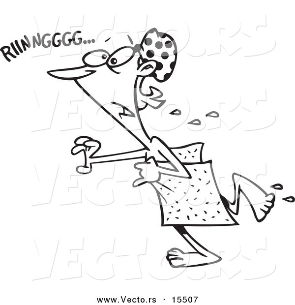 Vector of a Cartoon Woman Rushing for a Phone Call in a Towel - Coloring Page Outline