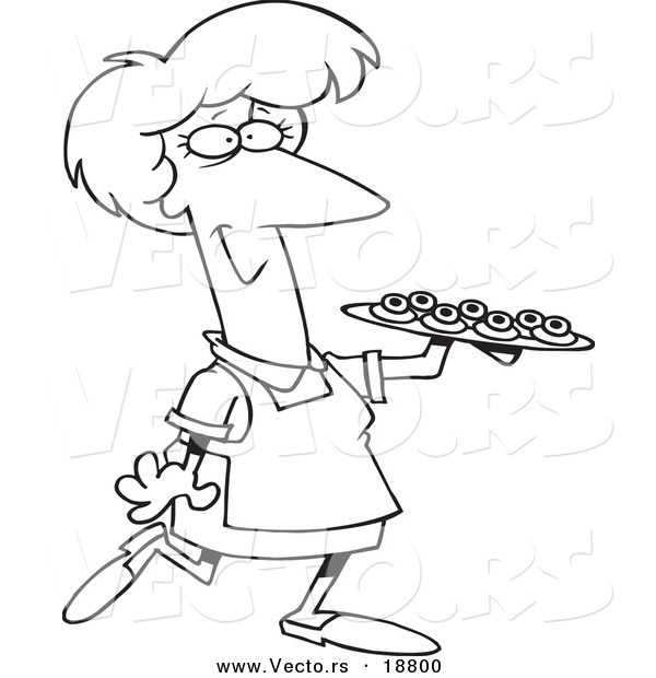 Vector of a Cartoon Woman Serving Finger Foods - Outlined Coloring Page