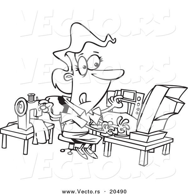 Vector of a Cartoon Woman Sewing and Working at the Same Time - Coloring Page Outline