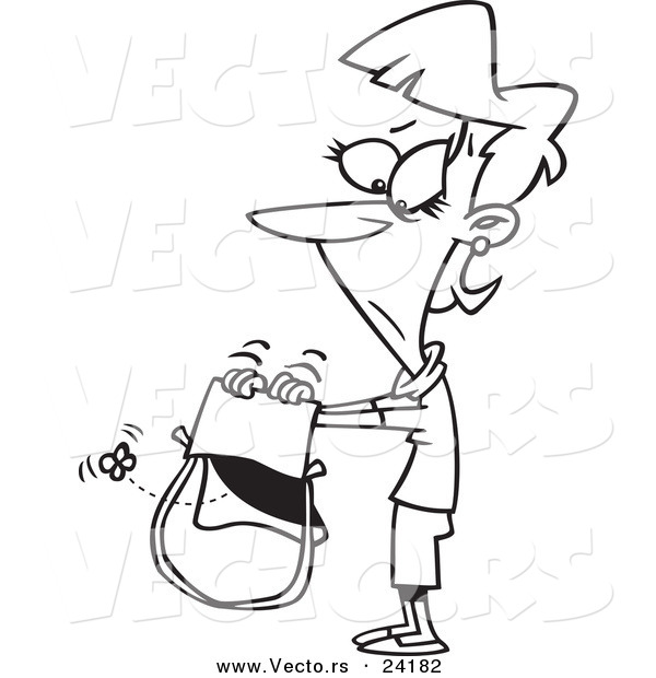 Vector of a Cartoon Woman Shaking Her Empty Purse - Coloring Page Outline
