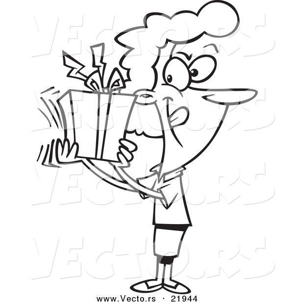 Vector of a Cartoon Woman Shaking Her Gift - Outlined Coloring Page