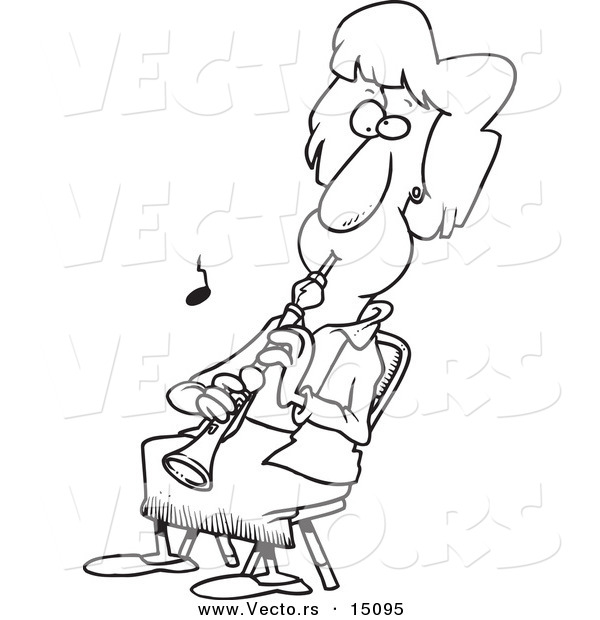 Vector of a Cartoon Woman Sitting and Playing an Oboe - Coloring Page Outline
