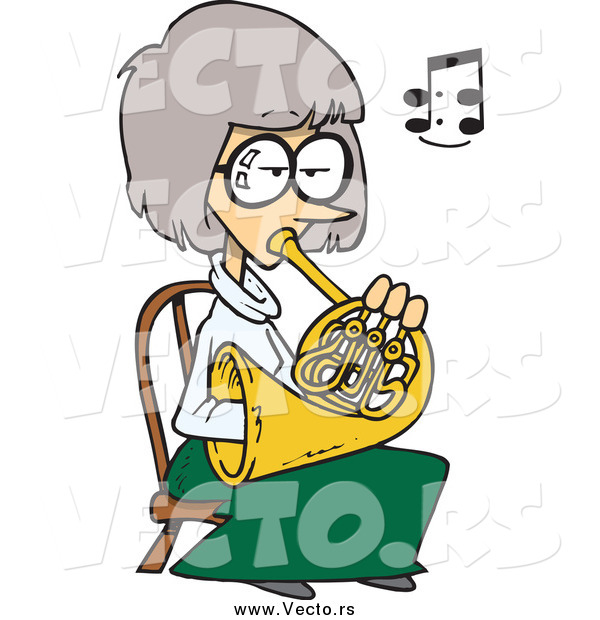 Vector of a Cartoon Woman Sitting AndPlaying a French Horn