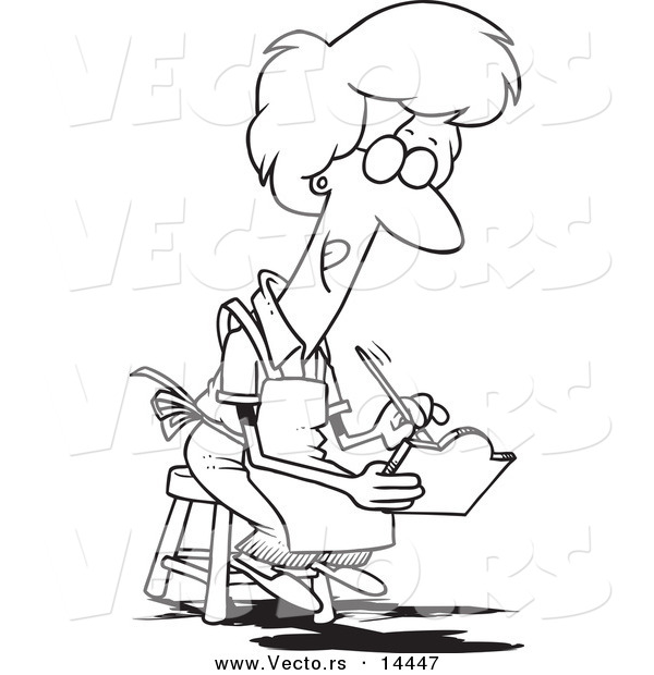 Vector of a Cartoon Woman Sitting on a Stool and Painting a Sign - Coloring Page Outline