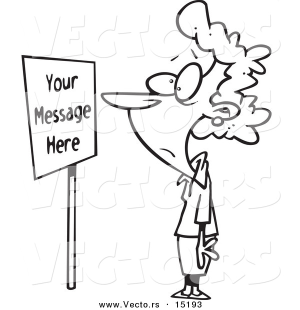 Vector of a Cartoon Woman Staring at a Sign with Sample Text - Coloring Page Outline