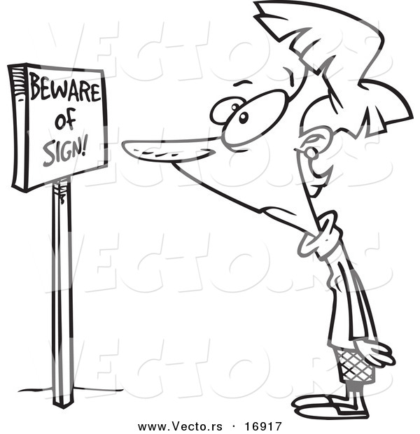Vector of a Cartoon Woman Staring at Beware of Sign Text on a Board - Coloring Page Outline