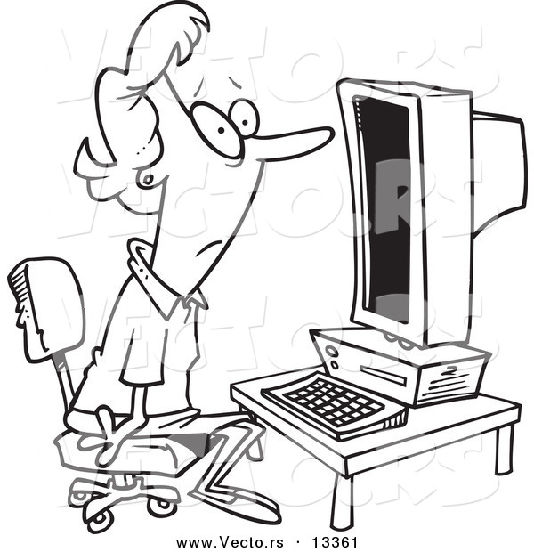 Vector of a Cartoon Woman Staring Blankly at a Computer - Coloring Page Outline