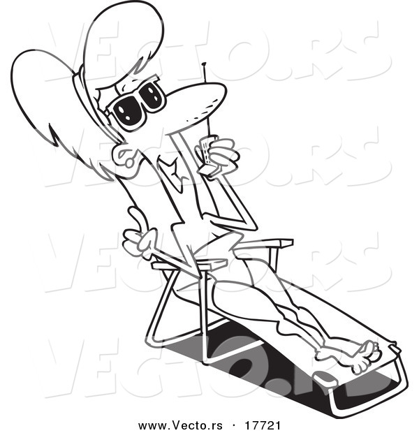 Vector of a Cartoon Woman Sun Bathing and Talking on a Cell Phone - Coloring Page Outline