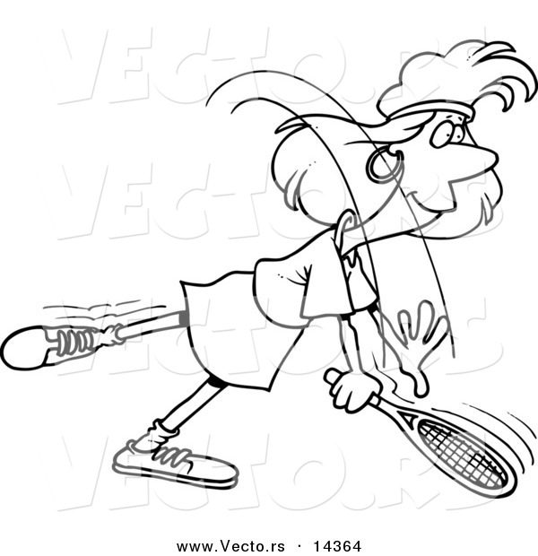Vector of a Cartoon Woman Swinging Her Tennis Racket - Coloring Page Outline