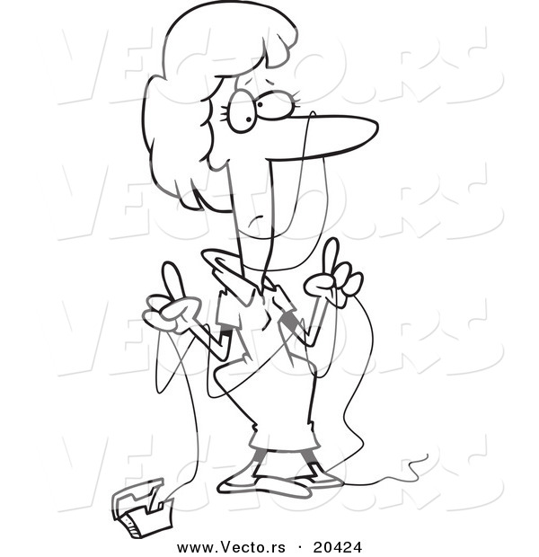Vector of a Cartoon Woman Tangled in Dental Floss - Coloring Page Outline