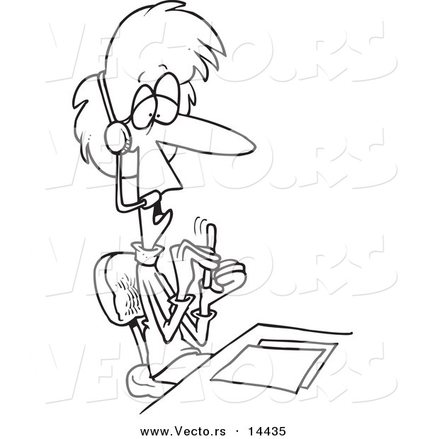 Vector of a Cartoon Woman Telemarketer Filing Her Nails at Her Desk - Coloring Page Outline