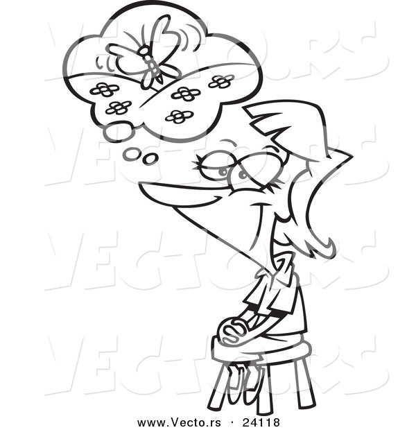 Vector of a Cartoon Woman Thinking of Her Happy Place - Coloring Page Outline
