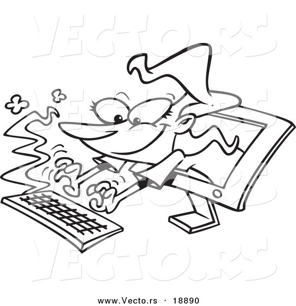 Vector of a Cartoon Woman Typing from a Computer Screen - Outlined Coloring Page