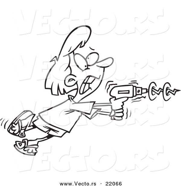 Vector of a Cartoon Woman Using a Power Drill - Outlined Coloring Page