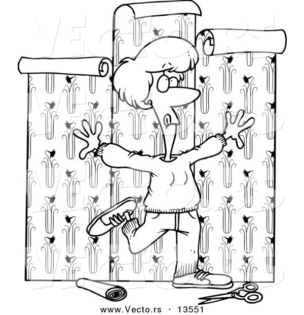 Vector of a Cartoon Woman Using Her Entire Body to Hang Wallpaper - Coloring Page Outline