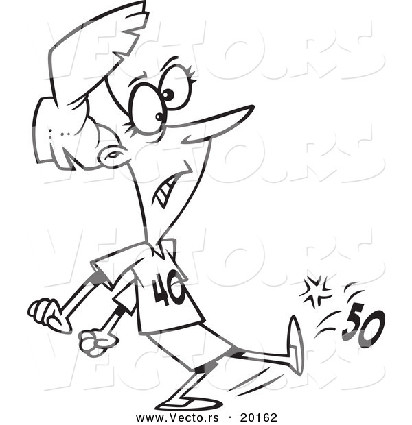 Vector of a Cartoon Woman Wearing a 40 Shirt and Kicking 50 - Outlined Coloring Page