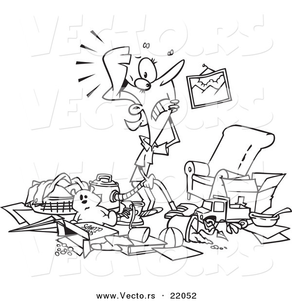 Vector of a Cartoon Woman with a Messy Living Room - Outlined Coloring Page