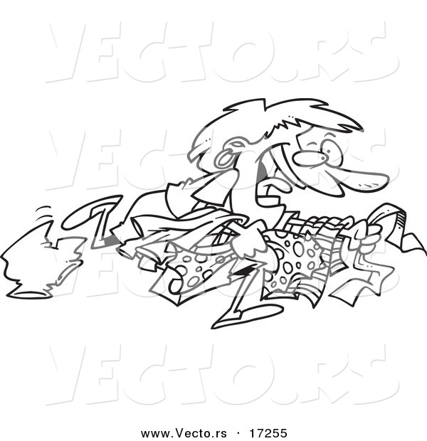 Vector of a Cartoon Woman with Clothes on Boxing Day - Coloring Page Outline