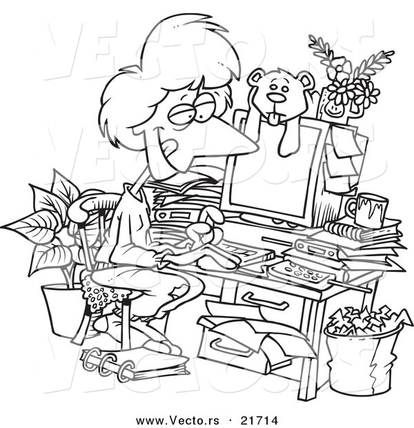 Vector of a Cartoon Woman Working in Her Pjs in Her Cluttered Home Office - Outlined Coloring Page
