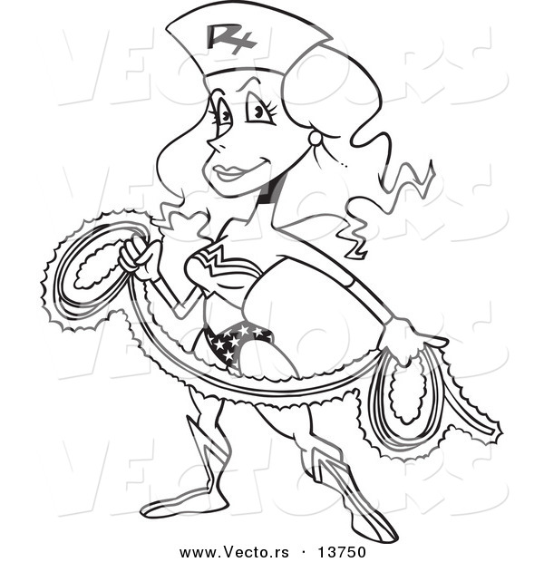 Vector of a Cartoon Wonder Nurse with a Rope - Coloring Page Outline
