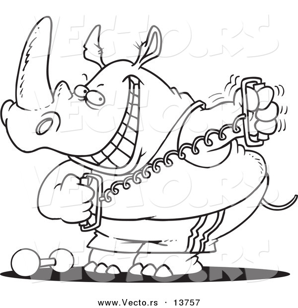 Vector of a Cartoon Workout Rhino Using a Stretching Device - Coloring Page Outline