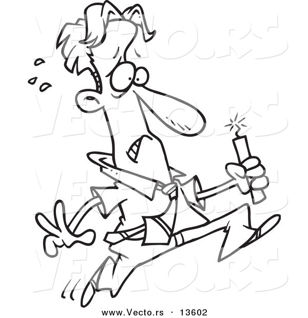 Vector of a Cartoon Worried Businessman Running with Dynamite - Coloring Page Outline