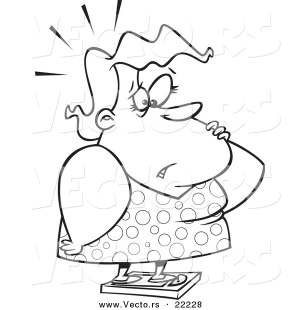 Vector of a Cartoon Worried Woman Standing on a Scale - Outlined Coloring Page