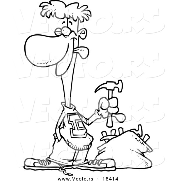 Vector of a Cartoon Young Man with a Bag of Hammers - Outlined Coloring Page
