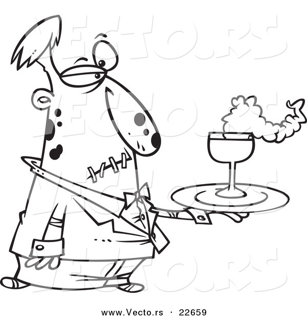 Vector of a Cartoon Zombie Waiter - Coloring Page Outline