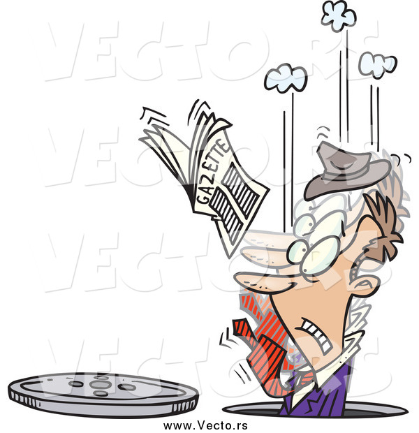 Vector of a Caucasian Man in a Manhole, His Newspaper in the Air