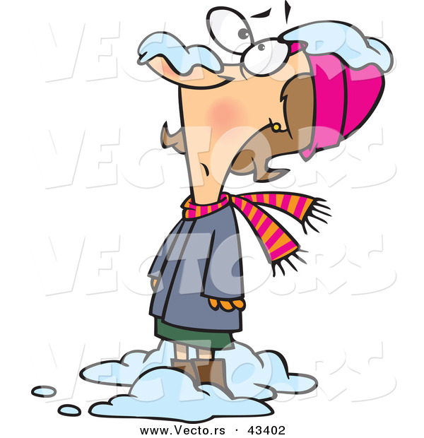 Vector of a Cautious Cartoon Woman with Snow Dropping over Her Head