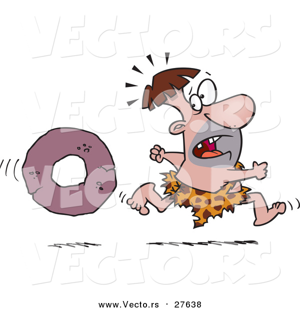 Vector of a Caveman Running Away from a Rock Wheel - Cartoon Style