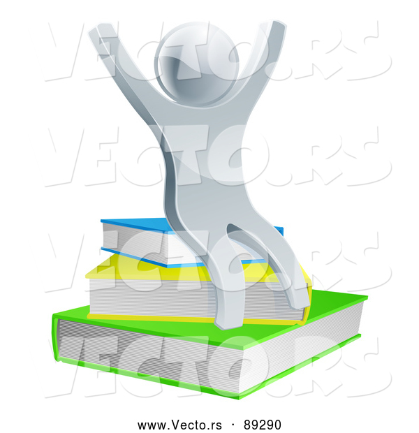 Vector of a Cheering Silver White Character Sitting on Stack of Books - 3d Style