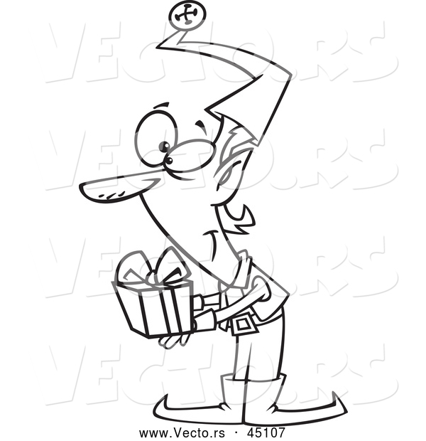 Vector of a Christmas Elf Holding out a Present - Outline Version