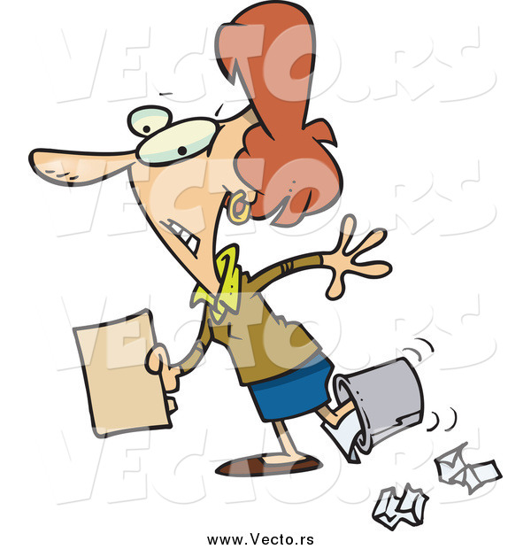Vector of a Clumsy Brunette White Businesswoman Walking with Her Foot in a Trash Bin