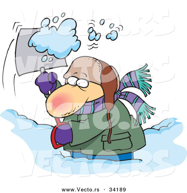 Vector of a Cold Cartoon Man Shoveling Snow