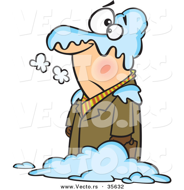 Vector of a Cold Cartoon Man Standing in a Blanket of Snow Outside