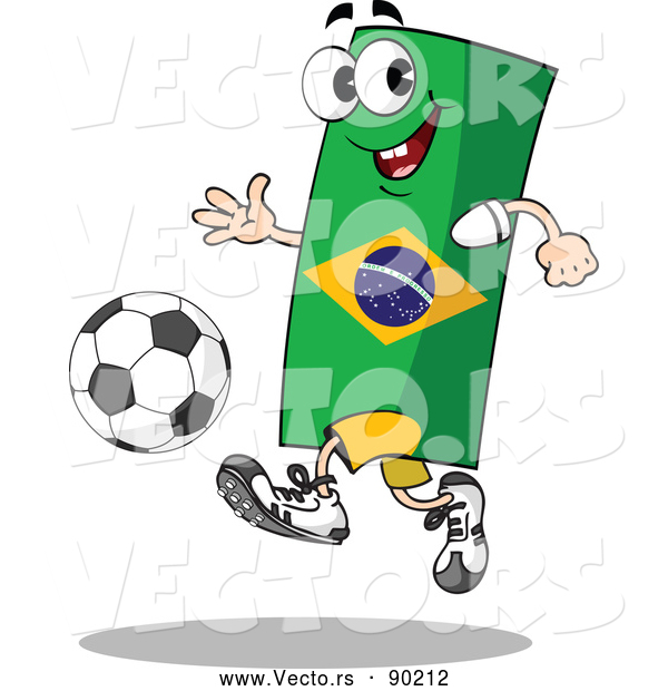 Vector of a Competitive Cartoon Brazil Flag Mascot Playing Soccer