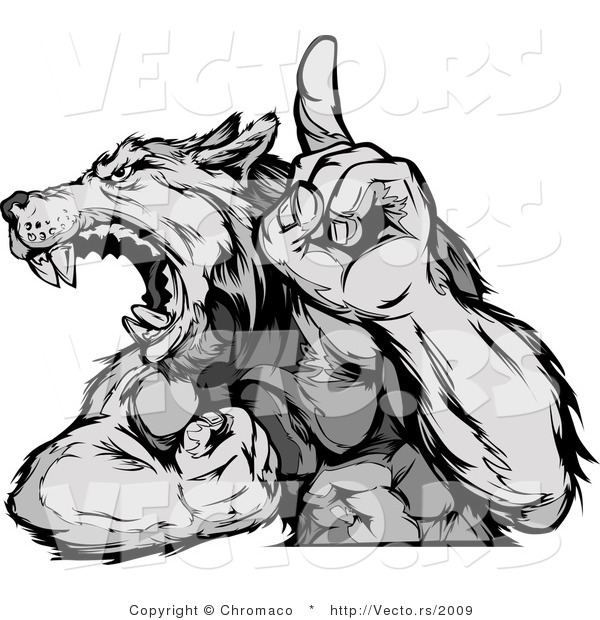 Vector of a Competitive Grey Wolf Mascot Howling While Displaying Strength and Pointing Finger up