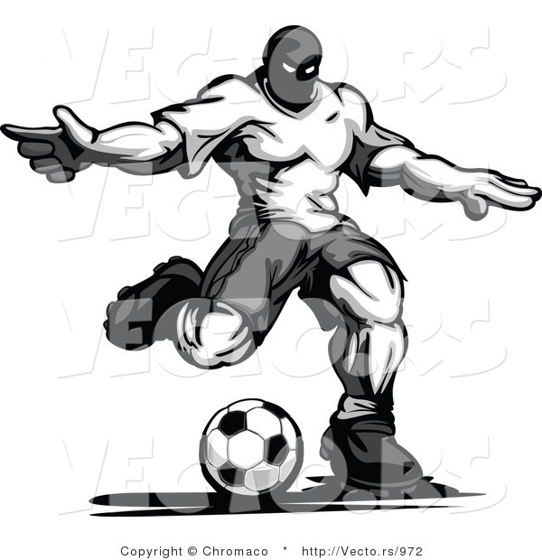 Vector of a Competitive Male Soccer Player Kicking Ball - Grayscale Version