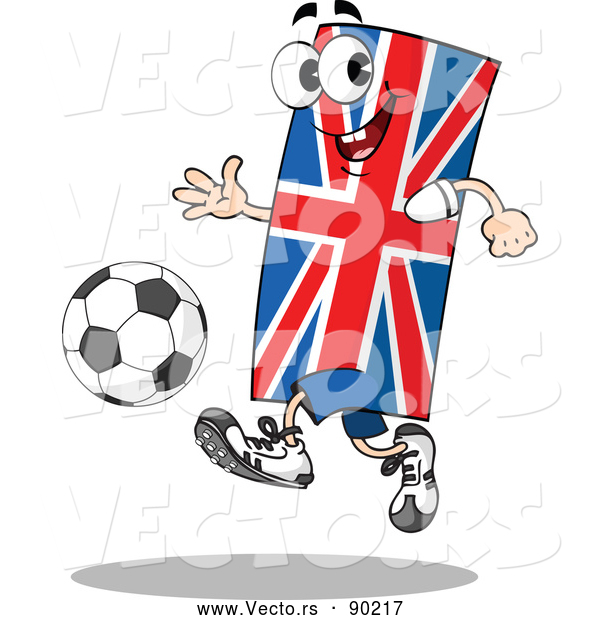 Vector of a Confident Cartoon Union Jack Flag Mascot Playing Soccer